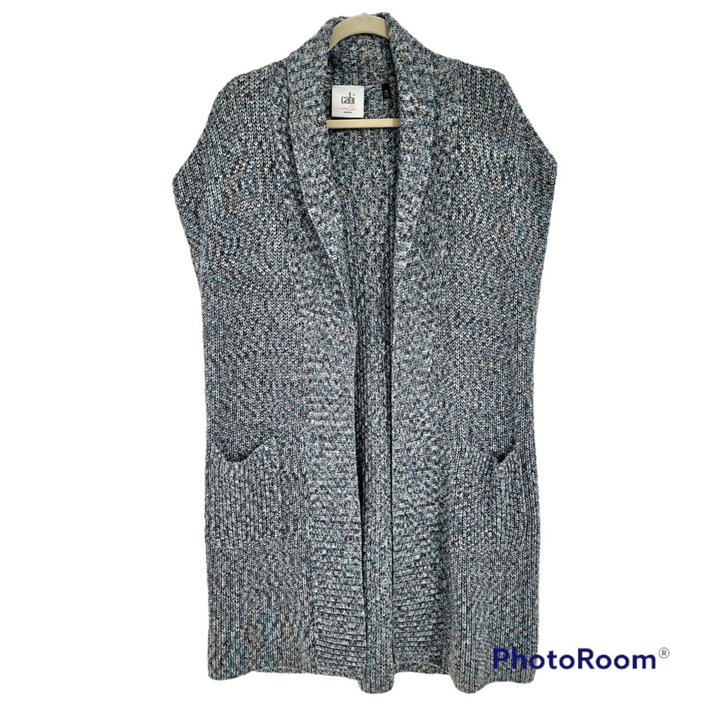 CABI Teal Grey Cable Knit Open Long Cardigan Sweater M